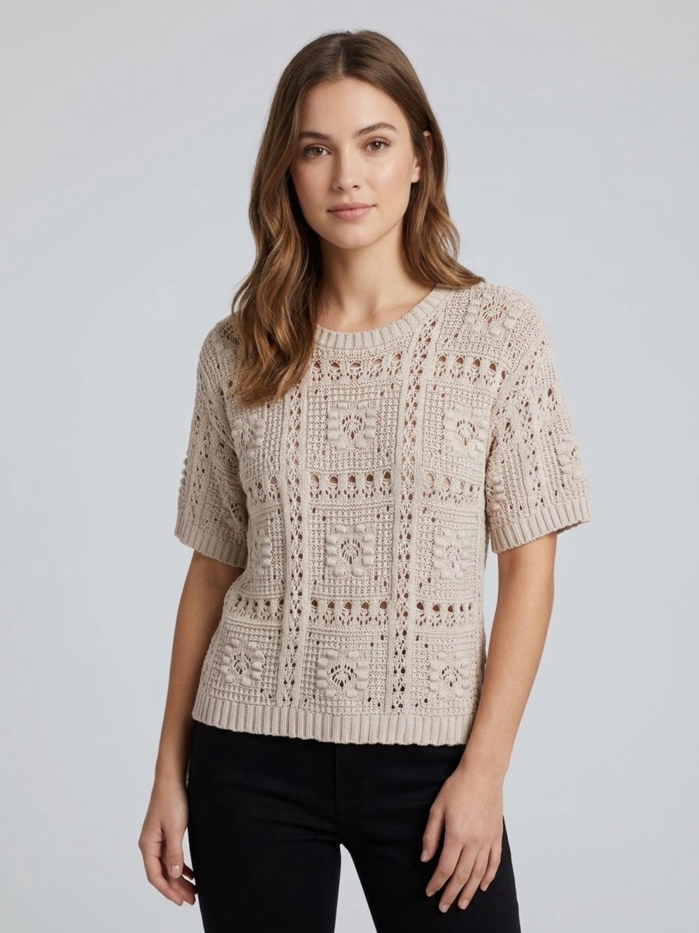 Joie Short Sleeve Open Knit Crochet Pointelle Crewneck Sweater S